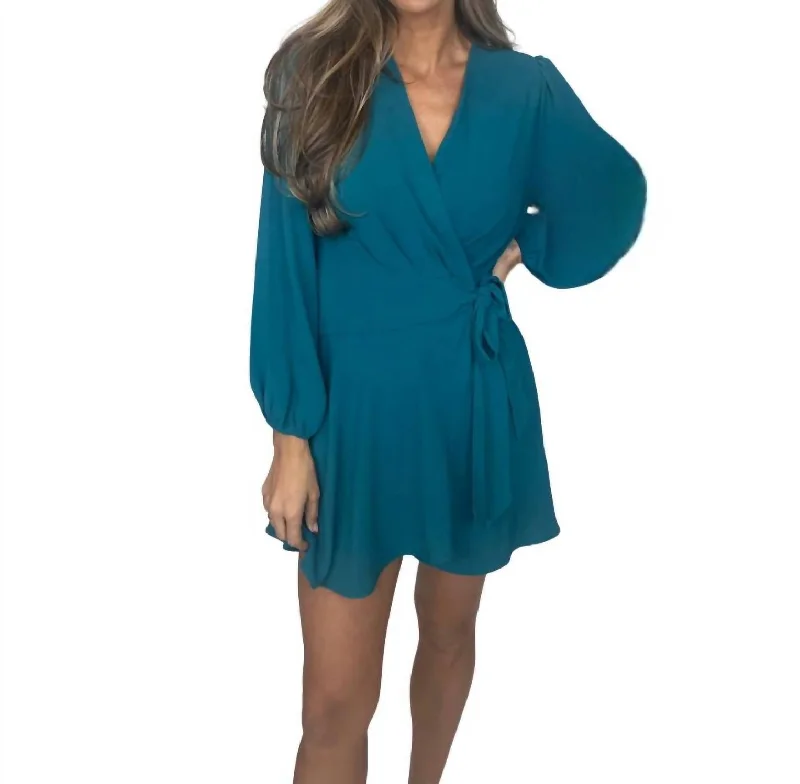 Long Sleeve Side Tie Wrap Dress In Teal