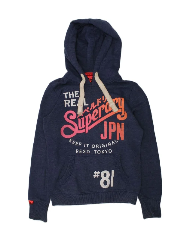 SUPERDRY Womens Graphic Hoodie Jumper UK 6 XS Navy Blue Cotton