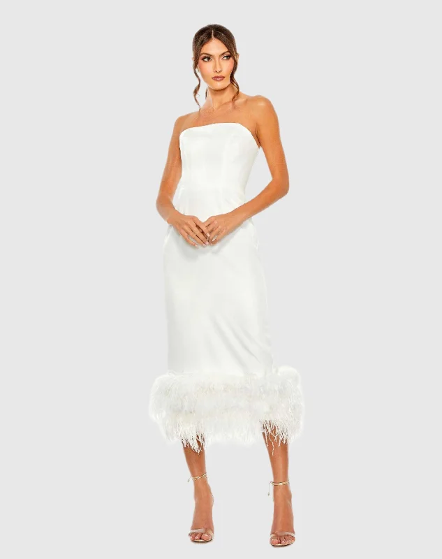 White Strapless Column Dress with Feather Trim