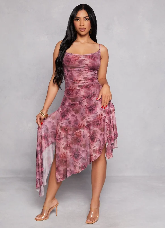 Almost Famous Printed Mesh Asymmetrical Dress