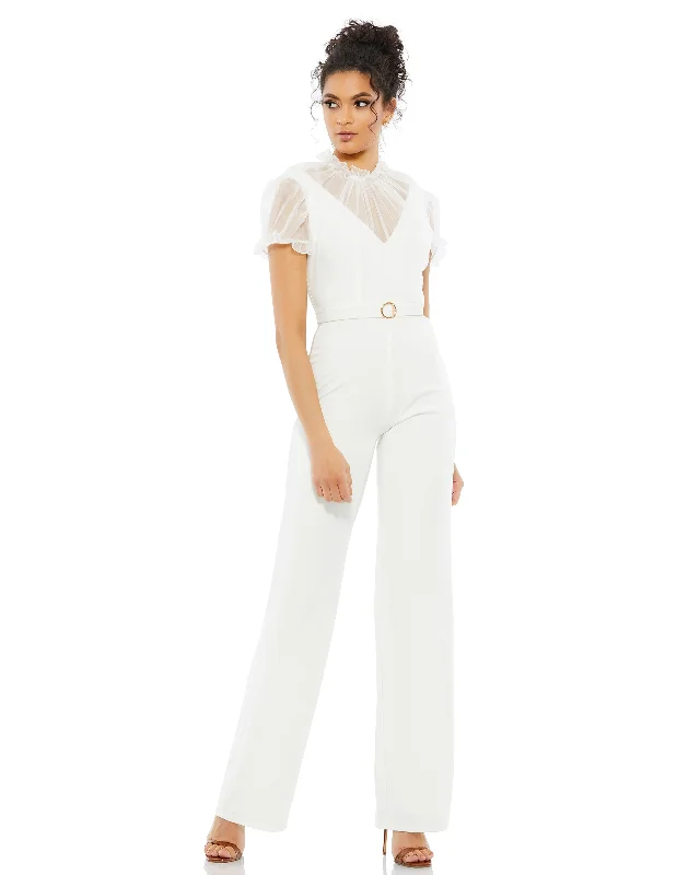 White Belted Illusion High Neck Cap Sleeve Jumpsuit