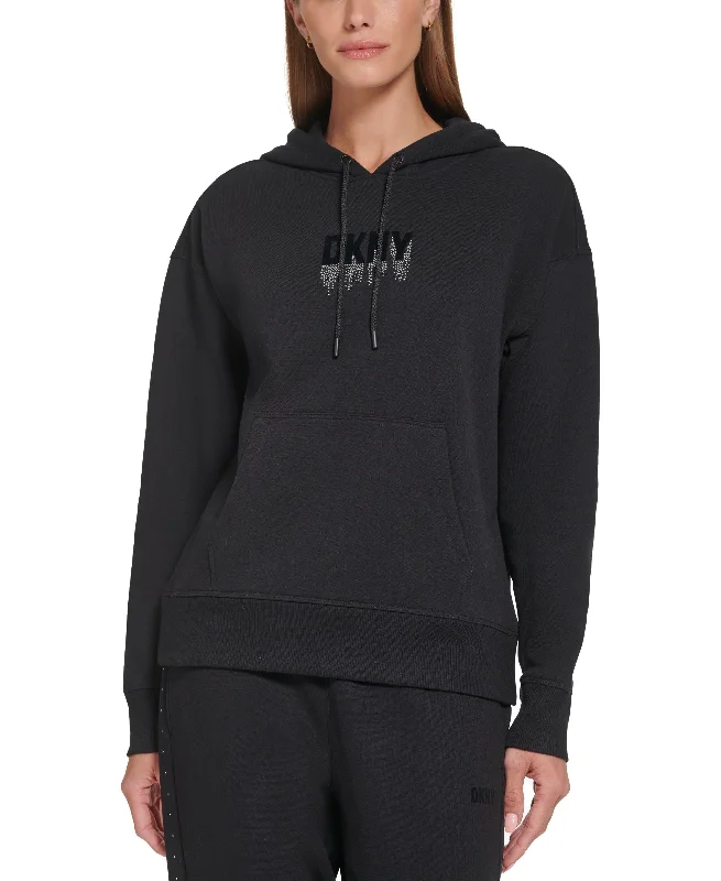 DKNY Sport Womens Rhinestone Logo Hooded Sweatshirt