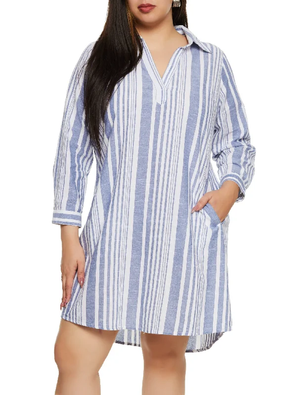 Plus Size Striped Linen Shirt Dress