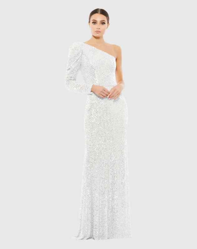 White Sequined One Shoulder Trumpet Gown