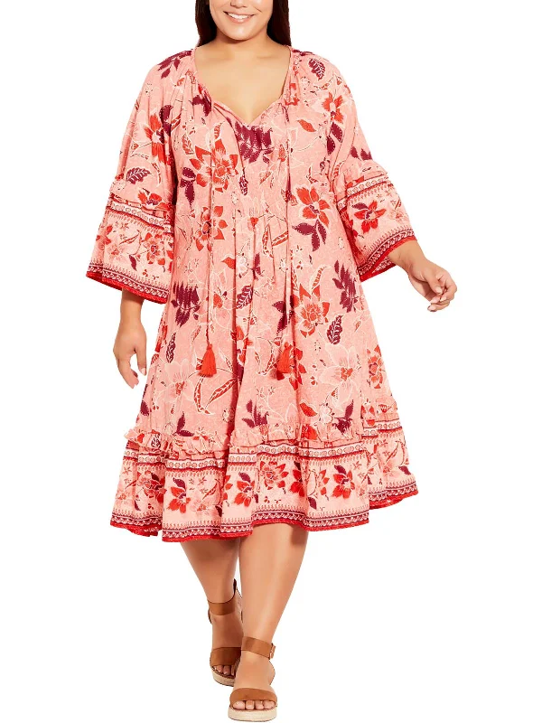 Womens Tie Neck Floral Print Midi Dress