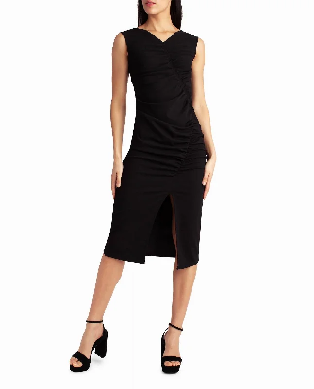 Ella Crepe Ruched Midi Dress In Very Black