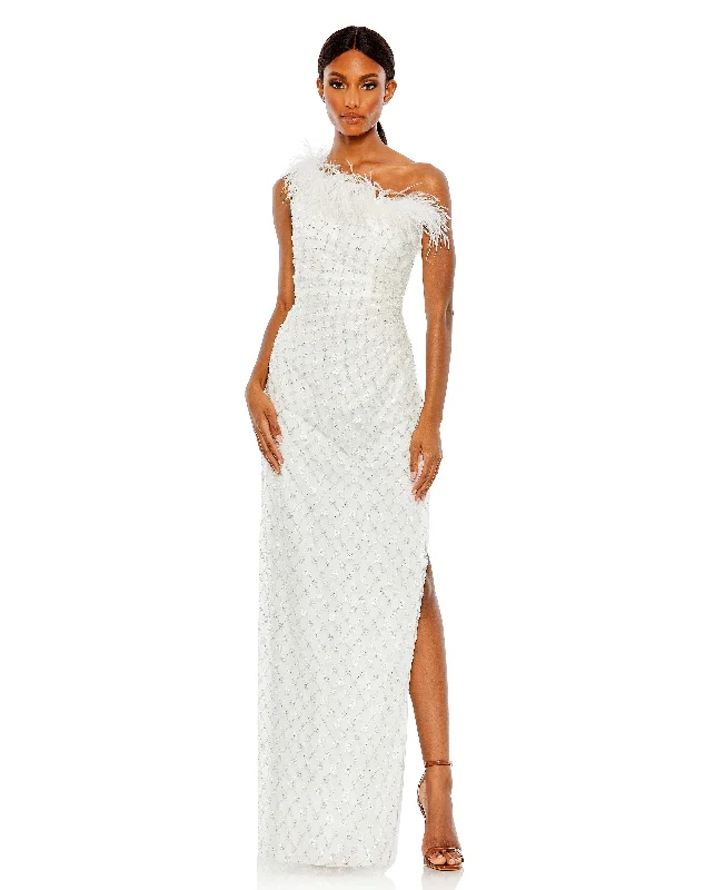 White Embellished One Shoulder Gown w/ Ostrich Feathers