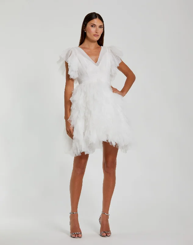 White Flutter Ruffle Sleeve Tiered Dress