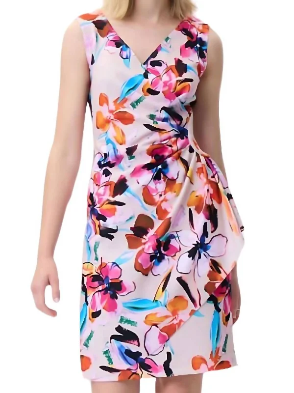 Flower Print Wrap Dress In Beige Multi