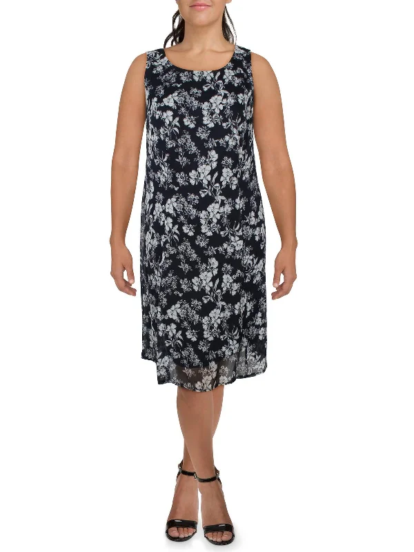 Plus Womens Floral Print Knee-Length Shift Dress