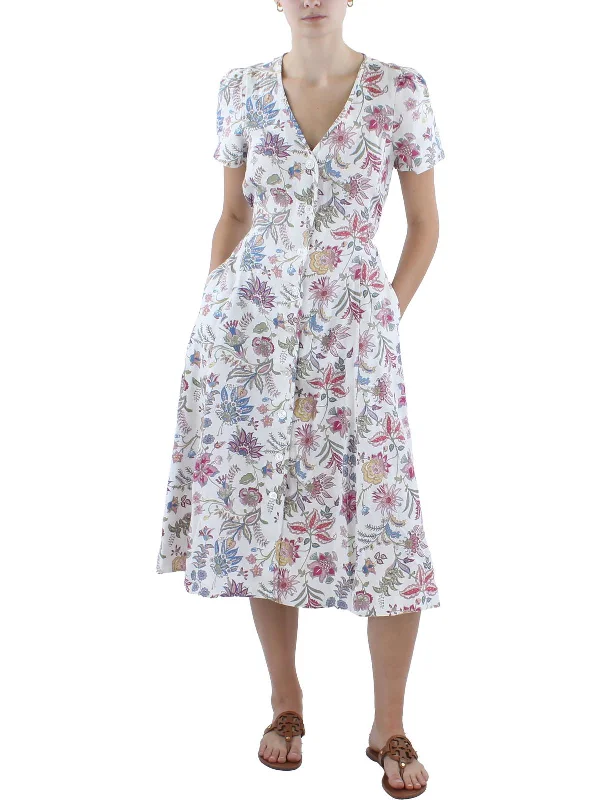 Womens Linen Floral Print Midi Dress