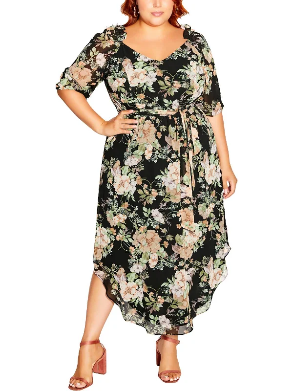 Plus Womens Floral Print Polyester Midi Dress