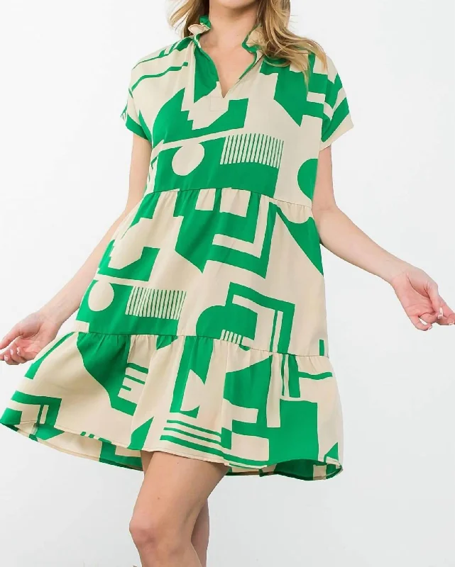 Short Sleeve Print Midi Dress In Green