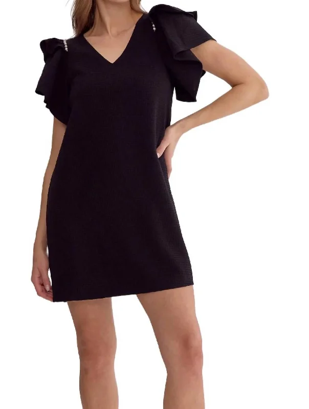 Ruffled Cap Sleeve Dress In Black