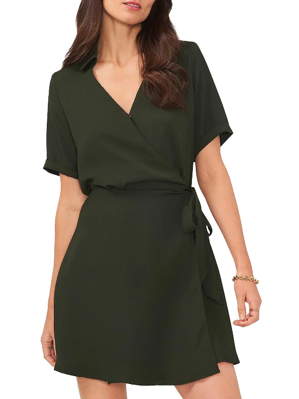 Womens Collared Polyester Wrap Dress