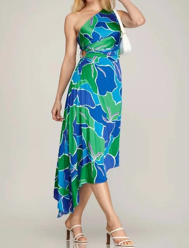 Abigail Asymmetrical One Shoulder Dress In Blue/green