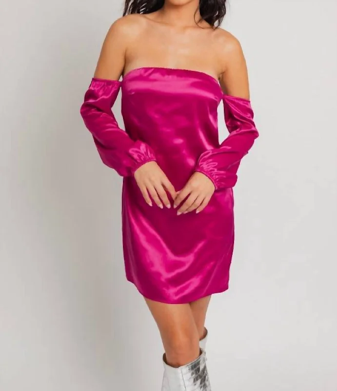 Long Sleeve Off Shoulder Satin Mini Dress In Magenta