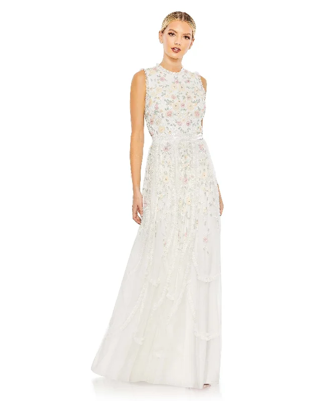 Ivory Embroidered High Neck Sleeveless Ruffled Gown - FINAL SALE