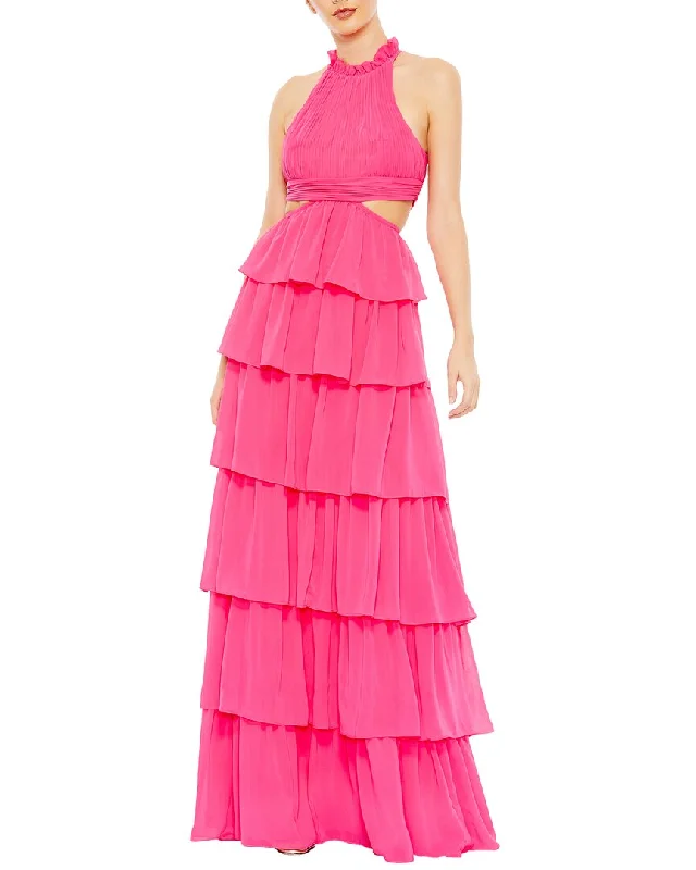 Mac Duggal Tiered Ruffle Pleated High-Neck Ball Gown