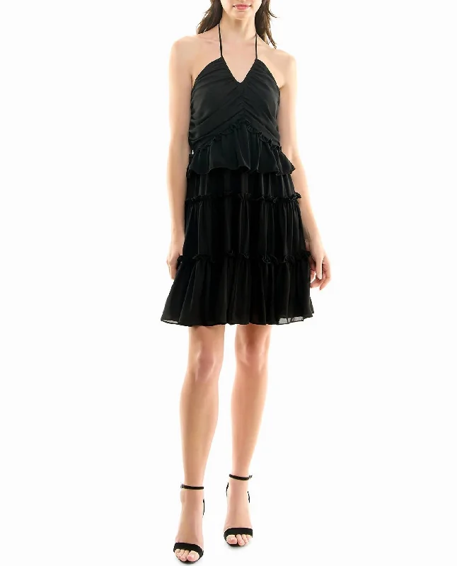 Presley Chiffon Tiered Halter Dress In Very Black