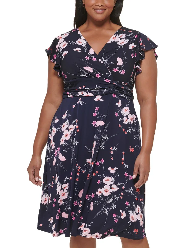 Plus Womens Floral Print Polyester Midi Dress