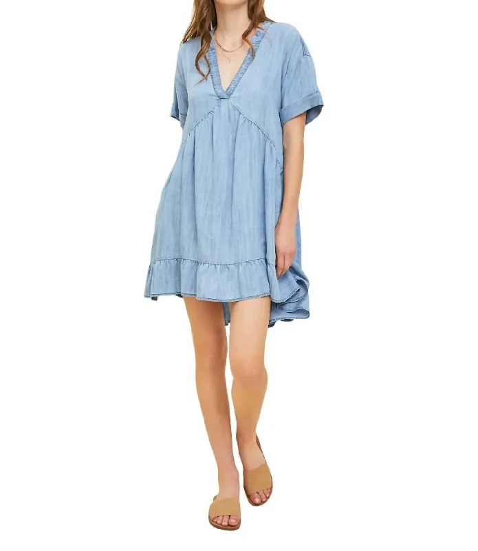 Washed Chambray Flare Dress In Light Denim