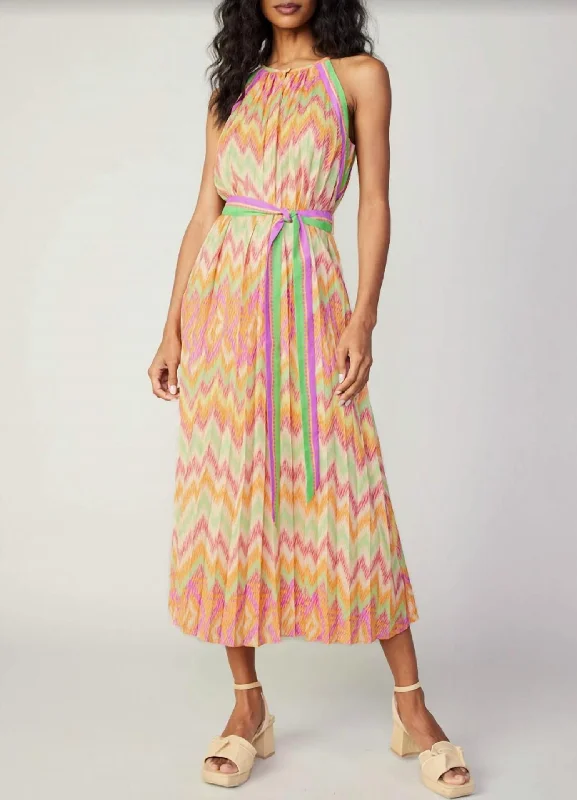 Zig Zag Halter Dress In Orange Multi