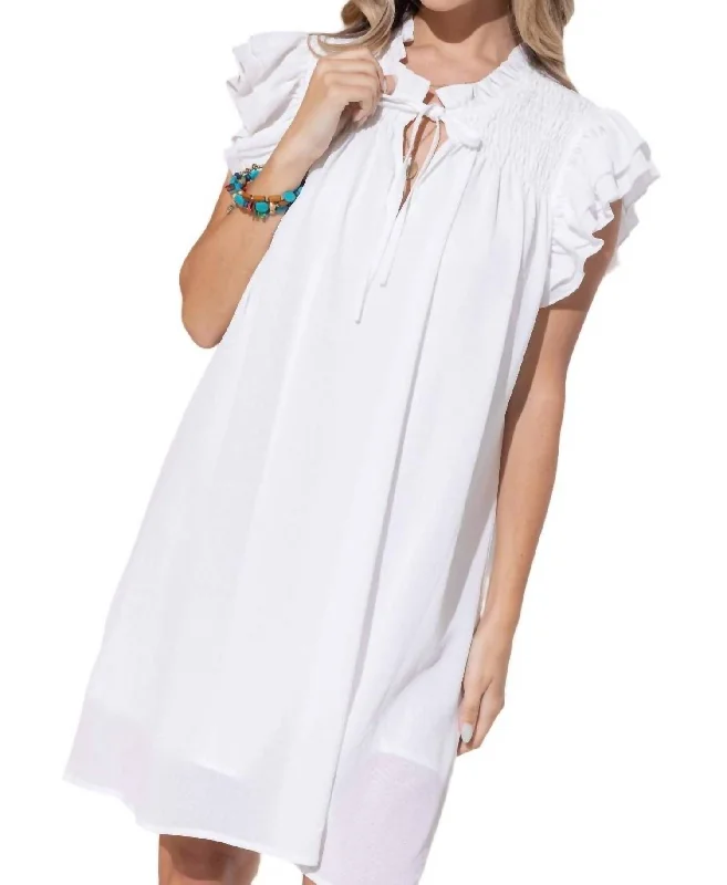 Ruffle Shoulder Smocked Detailed Mini Dress In White