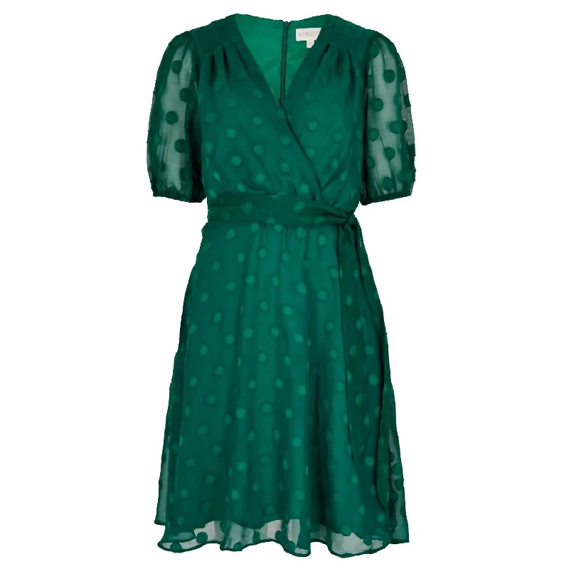 Pleat Detail Wrap Jacquard Dot Dress In Green