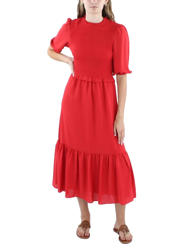 Laurel Leaf Womens Ruffled Smocked Midi Dress