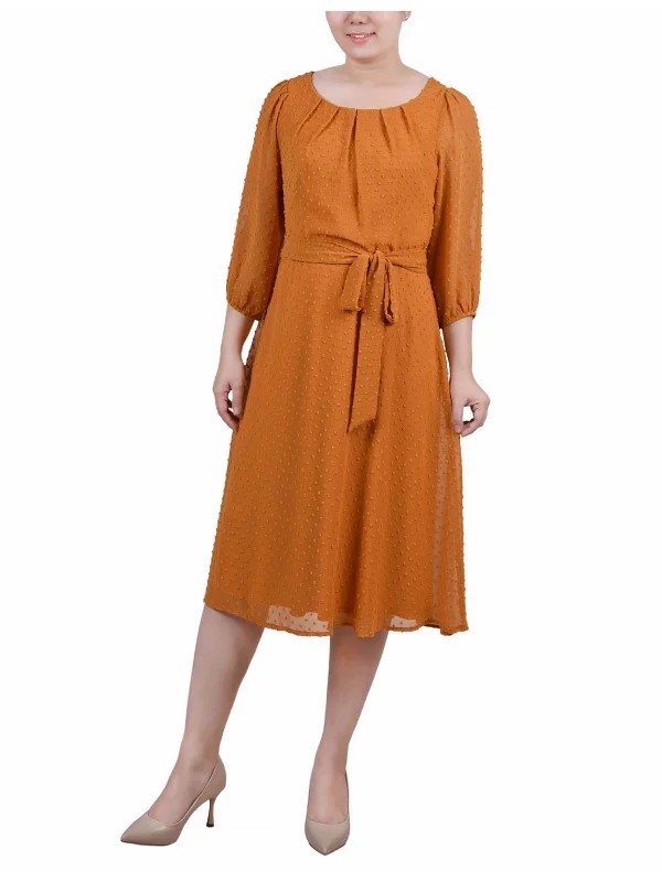 Petites Womens Blouson Midi Fit & Flare Dress