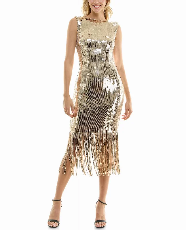 Scarlett Sequin Fringed Sheath Dress In Champagne Gold