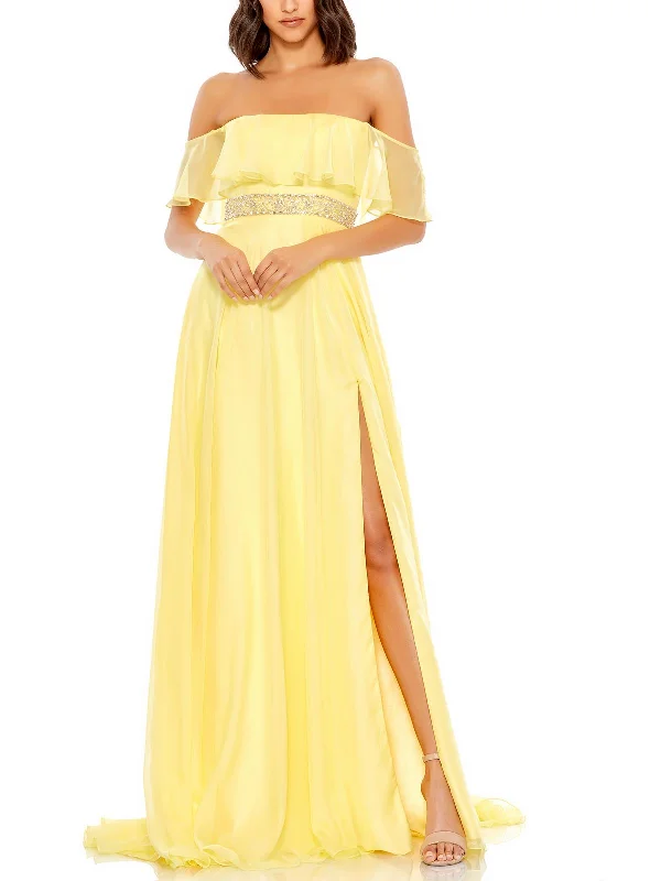 Womens Chiffon Off-The-Shoulder Evening Dress