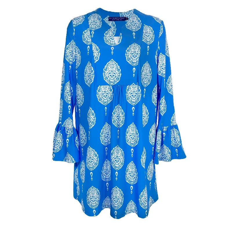 Women's Portland Long Sleeve Tunic Dress In Taj Mahal Block Print Hawaii Blue White