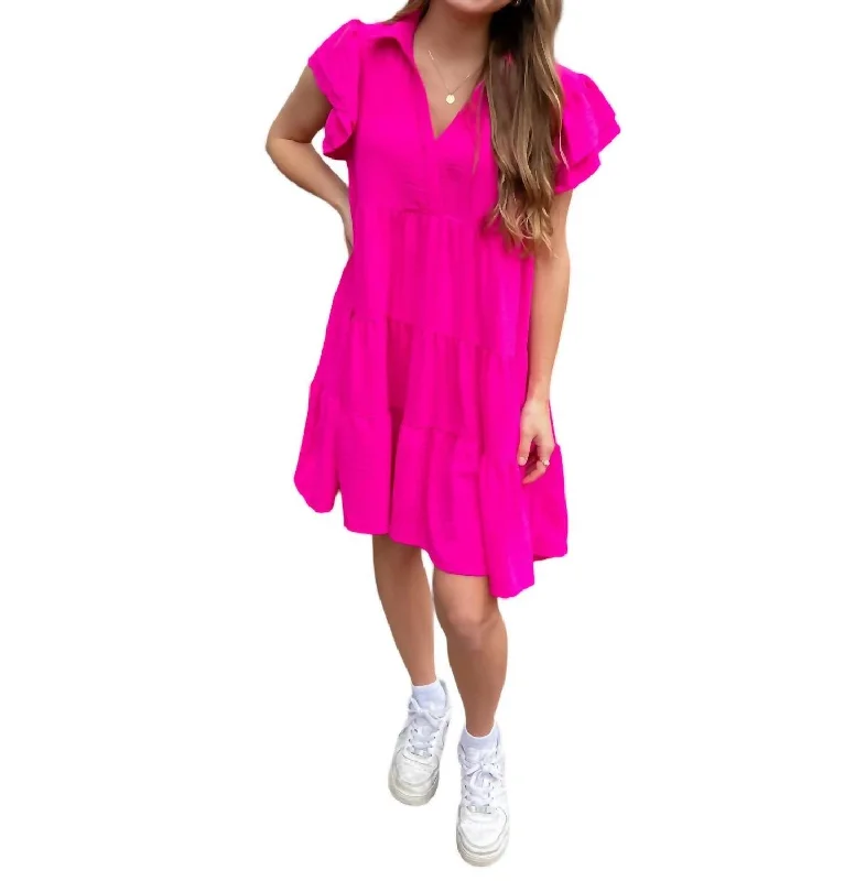 Tiered Dress With Flutter Sleeves In Hot Pink