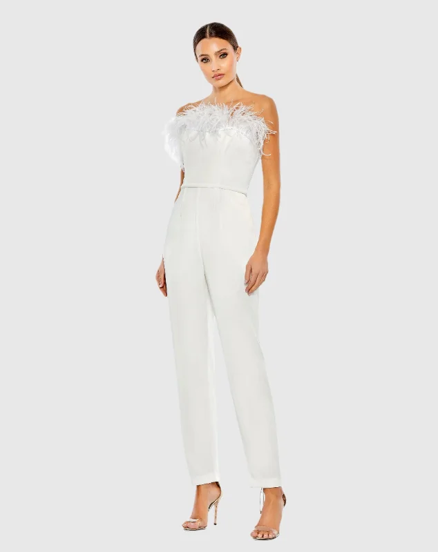 White Strapless Jumpsuit with Feather Trim