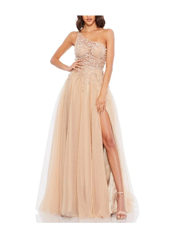 Womens Embellished One Shoulder Evening Dress