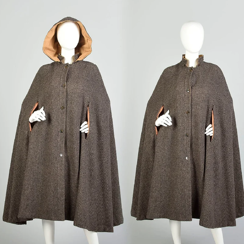 OSFM 1970s Cape Brown Hooded Tweed Wool Vintage Winter Outerwear