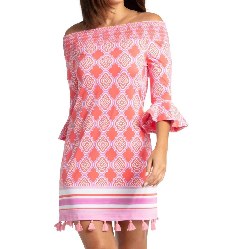 Geo Off The Shoulder Dress In Coral