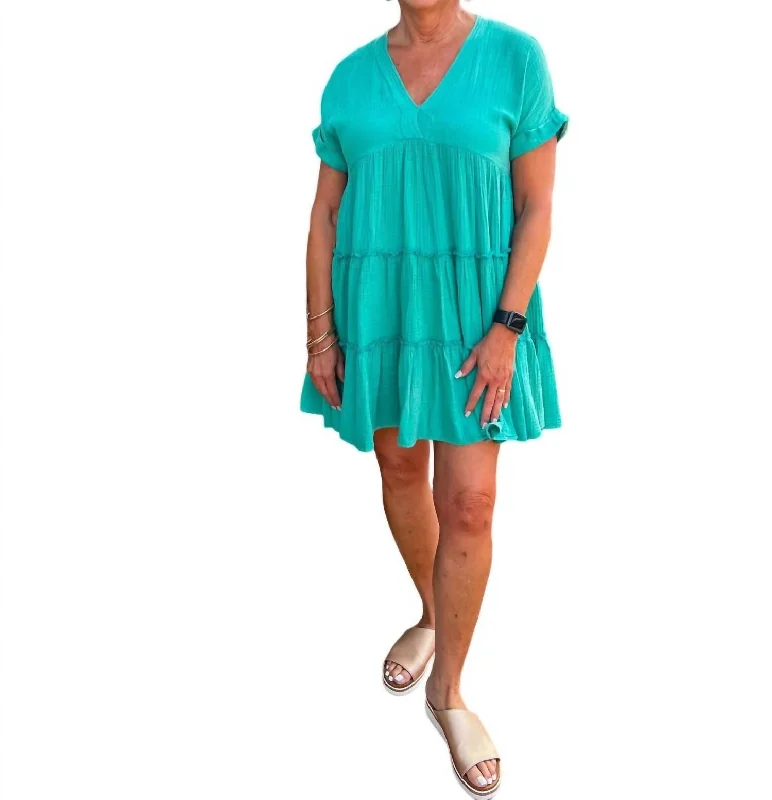 Washed Gauze Tiered Dress In Green