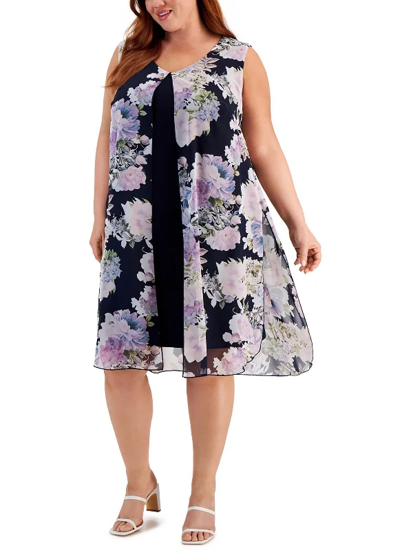 Plus Womens Knee-Length Floral Print Wear To Work Dress