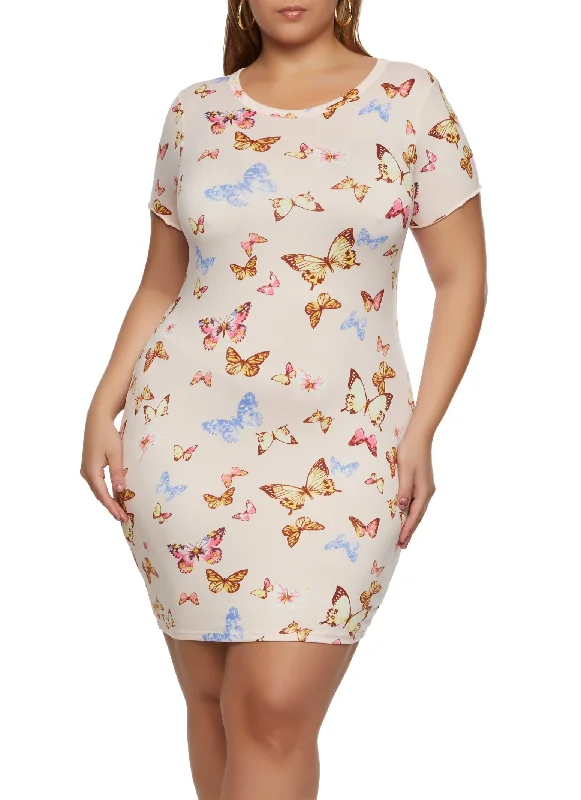 Plus Size Butterfly Printed T Shirt Dress