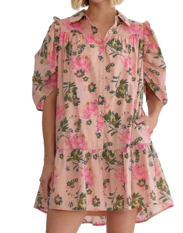 Flirty Floral Shirt Dress In Pink