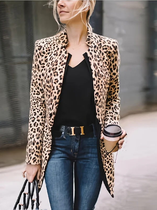 Long Sleeve Open Front Leopard Blazer Office Lapel Casual Jacket