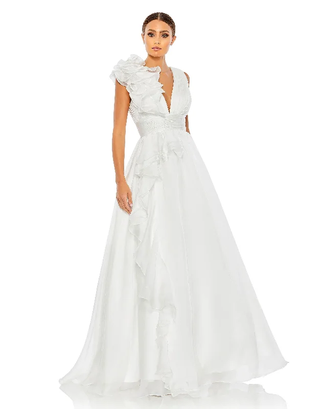 White Ruffle Shoulder V-Neck Chiffon Gown