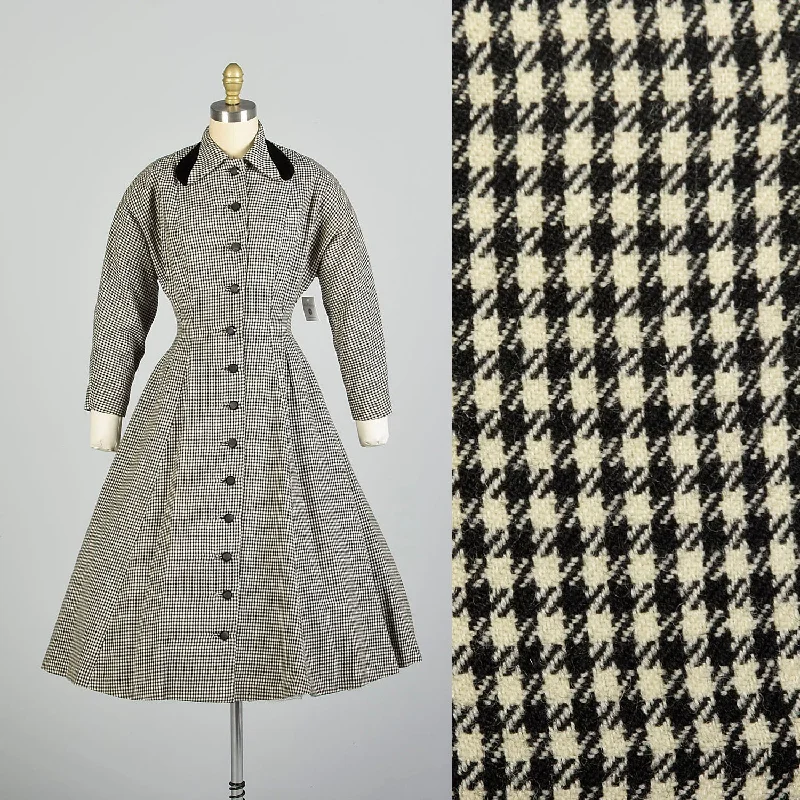 Small 1950s Wool Black White Fit & Flare Houndstooth Winter Coat Dress