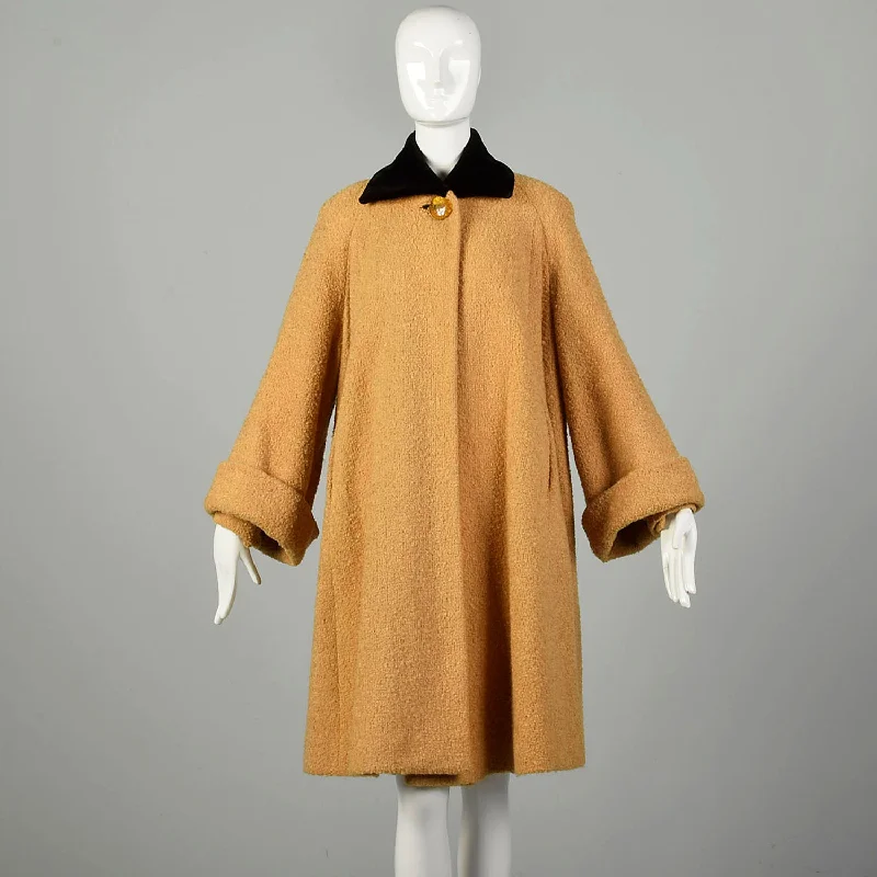 Large 1950s Swing Coat Mustard Yellow Boucle Wool Wind Cuffs Wide Sleeves Velvet Collar