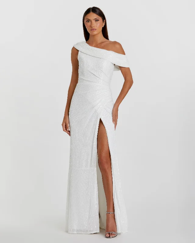 White Sequined Drop Shoulder Gown - FINAL SALE