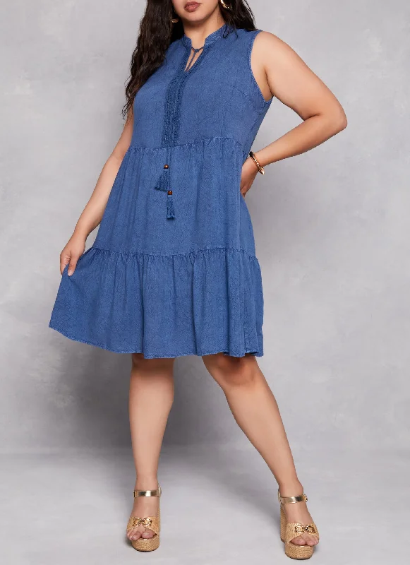 Plus Size Sleeveless Acid Wash Tiered Shift Dress