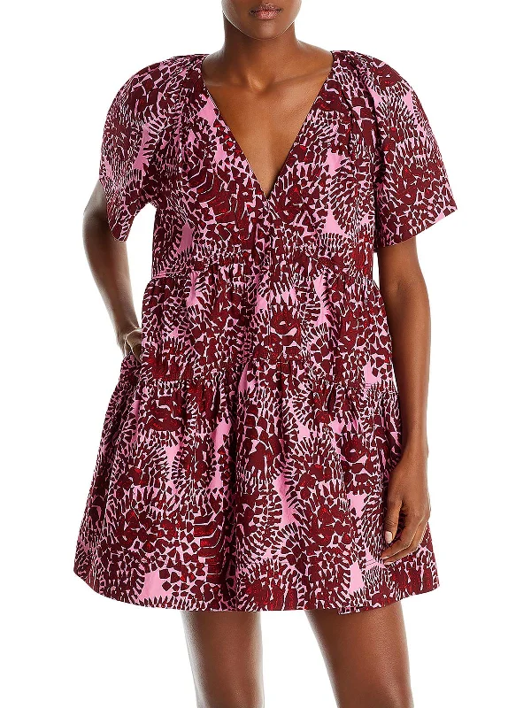 Womens Print V Neck Babydoll Dress